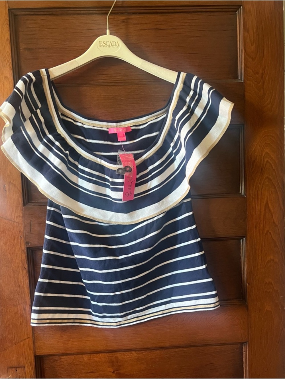 Lilly Pulitzer Navy & White Striped Ruffle Boatneck Top